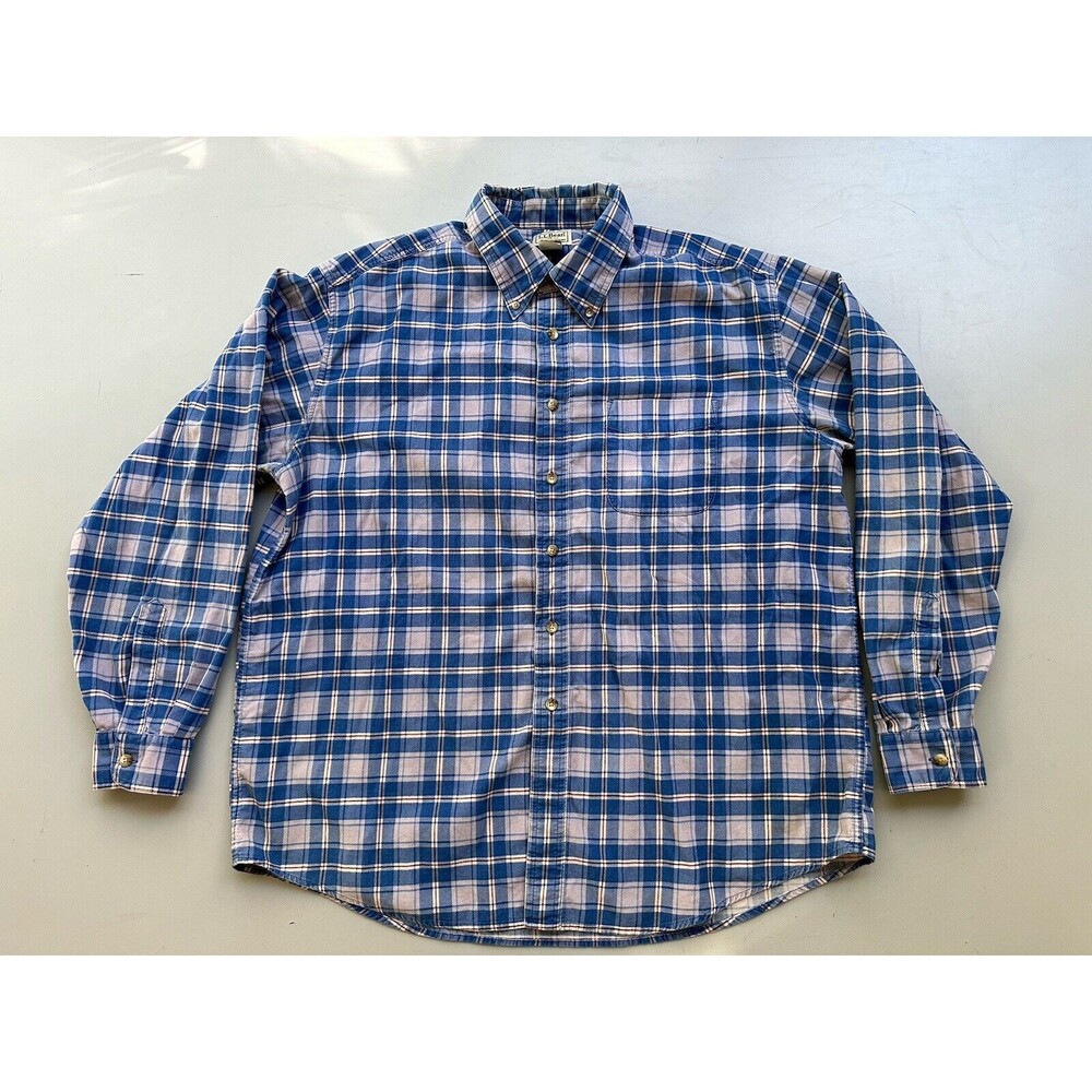 LL Bean Men’s XL Corduroy Plaid Button Down Shirt Blue Casual Cotton 0 BJT9